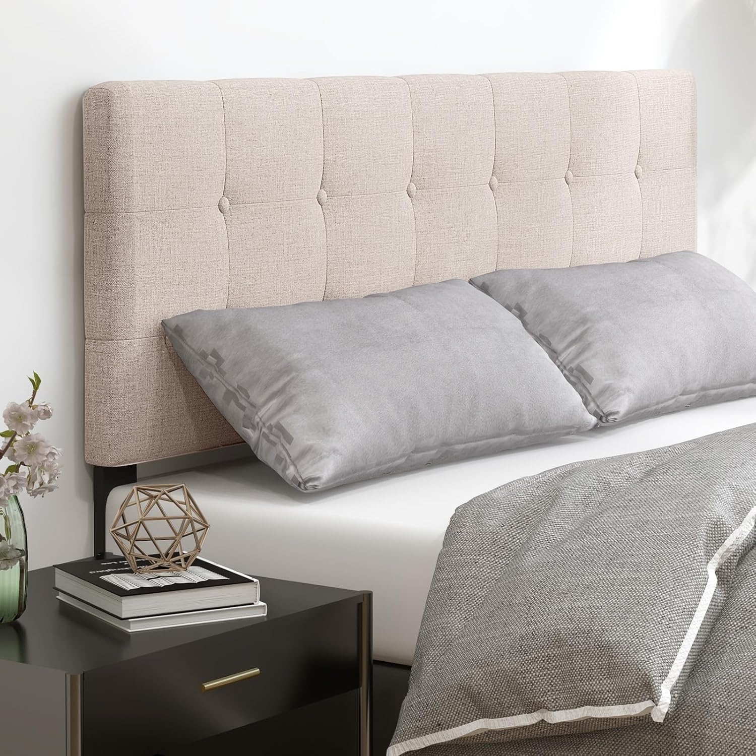 image:imageGiantex Headboard with Charging Station QueenFull Size Tufted Upholstered Head Board w2 AC Outlets USB amp TypeC Ports Rubber Wood Legs Width Adjustable Modern Bed Headboard Only GreyBeige