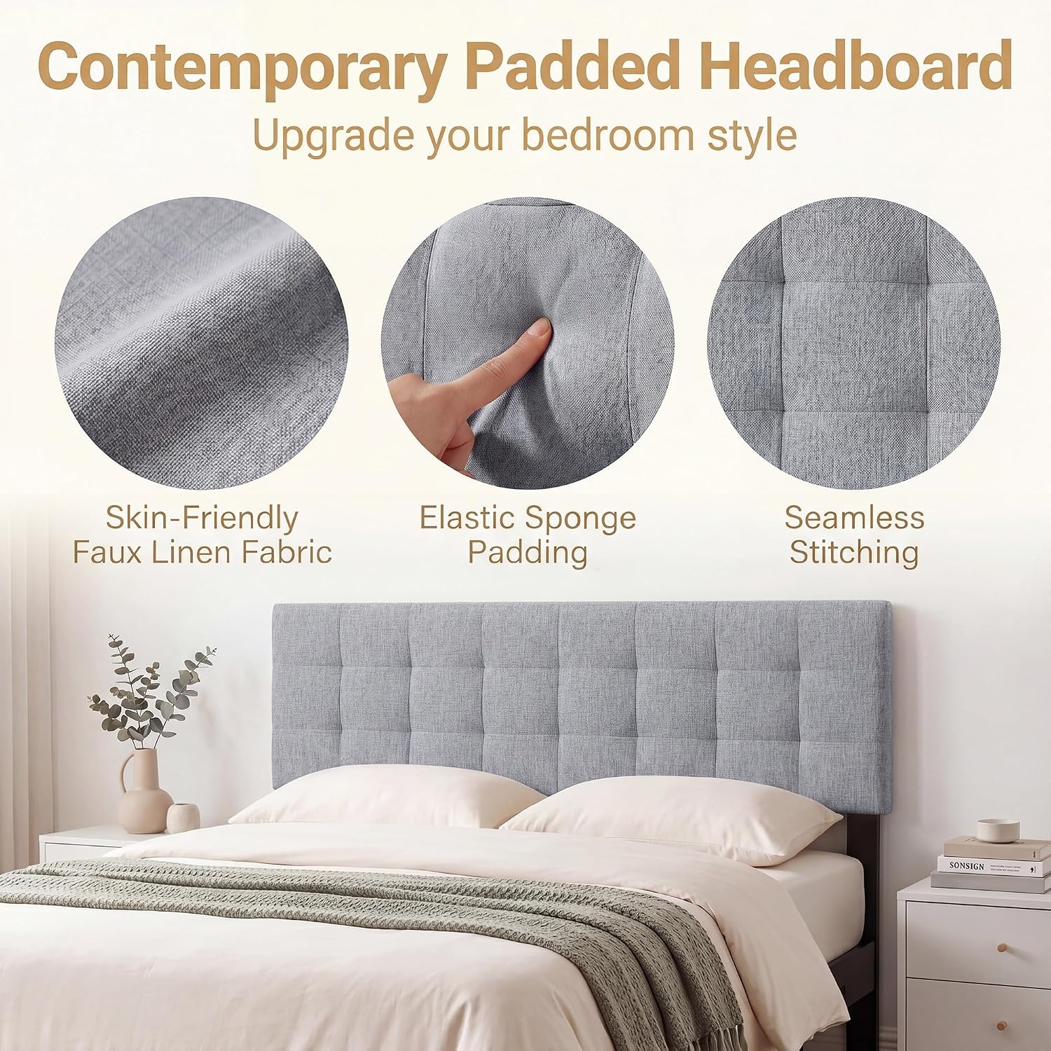 image:imageGiantex Headboard with Charging Station QueenFull Size Tufted Upholstered Head Board w2 AC Outlets USB amp TypeC Ports Rubber Wood Legs Width Adjustable Modern Bed Headboard Only GreyGray