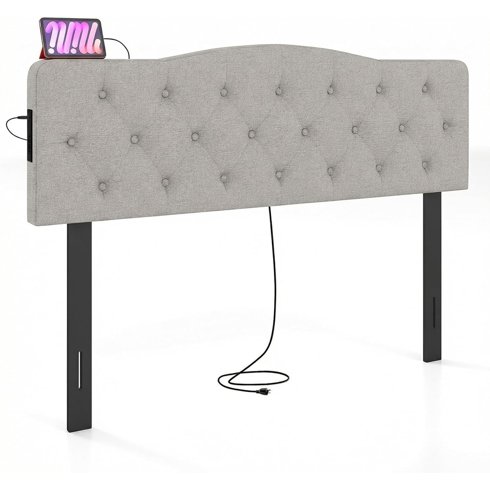 image:imageGiantex Headboard with Charging Station QueenFull Size Tufted Upholstered Head Board w2 AC Outlets USB amp TypeC Ports Rubber Wood Legs Width Adjustable Modern Bed Headboard Only GreyGray