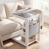 image:imageGiantex CShaped End Table with Wheels Wooden Rolling Side Table wAdjustable Desktop Edge Stopper Side Pocket amp 3 Storage Shelves Sofa Couch Bedside TV Tray for Living Room Bedroom Brown1White