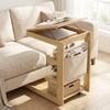 image:imageGiantex CShaped End Table with Wheels Wooden Rolling Side Table wAdjustable Desktop Edge Stopper Side Pocket amp 3 Storage Shelves Sofa Couch Bedside TV Tray for Living Room Bedroom Brown1Natural