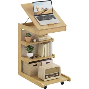 image:imageGiantex CShaped End Table with Wheels Wooden Rolling Side Table wAdjustable Desktop Edge Stopper Side Pocket amp 3 Storage Shelves Sofa Couch Bedside TV Tray for Living Room Bedroom Brown1Natural