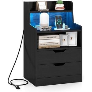 image:imageGiantex LED Night Stand with Charging Station End Side Table wOpen Shelves 2 Storage Drawers Cable Holes Nightstand wAdjustable Light Color amp Mode Modern Bedside Table for Bedroom 1 WhiteBlack