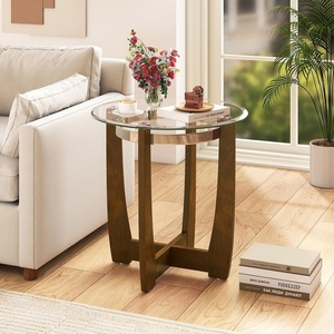image:imageGiantex Round Glass End Table Set of 2 24 Side Table with Tempered Glass Top Nightstands with Cross amp Solid Rubber Wood Base Compact Bedside Night Stand for Bedroom Office Living Room 2 WalnutWalnut