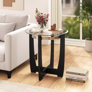 image:imageGiantex Round Glass End Table Set of 2 24 Side Table with Tempered Glass Top Nightstands with Cross amp Solid Rubber Wood Base Compact Bedside Night Stand for Bedroom Office Living Room 2 WalnutBlack