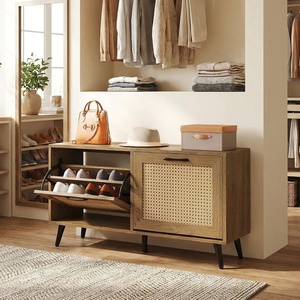 image:imageGiantex Rattan Shoe Storage Bench with 2 Flip Drawers 40 W Entryway Bench with Storage Adjustable Shelves Wooden Shoe Cabinet for Entry Way Hallway Foyer Living Room