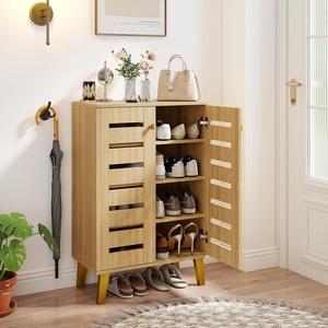 image:imageGiantex Shoe Cabinet with Doors 4Tier Freestanding Shoe Rack Cabinet wVentilated Slatted Doors amp Adjustable Shelves Modern Wooden Shoe Storage Cabinet for Entryway Hallway Closet Living RoomSlatted Door