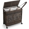 image:imageGiantex Laundry Hamper with Wheels and Lid 33 Gal 125L Wicker Laundry Basket 2 Removable Liner Bags Handles and Pulling Strap Synthetic Rattan Rolling Laundry Hamper Clothes StorageBrown