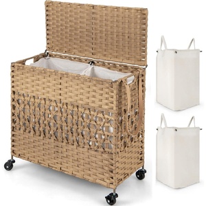 image:imageGiantex Laundry Hamper with Wheels and Lid 33 Gal 125L Wicker Laundry Basket 2 Removable Liner Bags Handles and Pulling Strap Synthetic Rattan Rolling Laundry Hamper Clothes StorageNatural