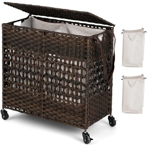 image:imageGiantex Laundry Hamper with Wheels and Lid 33 Gal 125L Wicker Laundry Basket 2 Removable Liner Bags Handles and Pulling Strap Synthetic Rattan Rolling Laundry Hamper Clothes StorageBrown