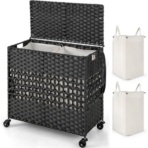 image:imageGiantex Laundry Hamper with Wheels and Lid 33 Gal 125L Wicker Laundry Basket 2 Removable Liner Bags Handles and Pulling Strap Synthetic Rattan Rolling Laundry Hamper Clothes StorageBlack