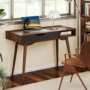 image:imageGiantex Mid Century Modern Desk 425 Vintage Computer Desk with Storage Drawer amp Rubber Wood Legs Makeup Vanity Table Wood Computer Workstation Small Writing Desk for Bedroom Small Space Walnut