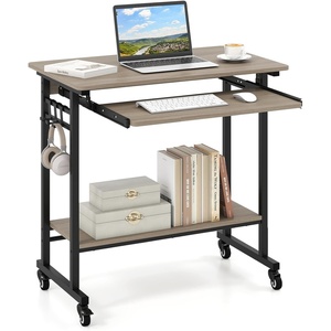 image:imageGiantex Rolling Computer Desk Mobile Portable Desk with Keyboard Tray amp Wheels Laptop PC Table Cart with Shelf amp Hooks Industrial Small Desk for Small Spaces Home Office Bedroom WhiteGrey Oak
