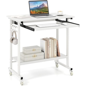 image:imageGiantex Rolling Computer Desk Mobile Portable Desk with Keyboard Tray amp Wheels Laptop PC Table Cart with Shelf amp Hooks Industrial Small Desk for Small Spaces Home Office Bedroom WhiteWhite