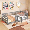 image:imageGiantex Twin Floor Bed with Fence for Kids Wooden Montessori Bed Frame with Lockable Door amp Guardrails Low Floor Beds for Kids Boys Girls No Box Spring Needed Without Wood Slats Mint SkyGrey