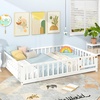 image:imageGiantex Twin Floor Bed with Fence for Kids Wooden Montessori Bed Frame with Lockable Door amp Guardrails Low Floor Beds for Kids Boys Girls No Box Spring Needed Without Wood Slats Mint SkyWhite