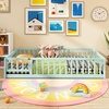 image:imageGiantex Twin Floor Bed with Fence for Kids Wooden Montessori Bed Frame with Lockable Door amp Guardrails Low Floor Beds for Kids Boys Girls No Box Spring Needed Without Wood Slats Mint SkyMint Sky