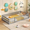 image:imageGiantex Twin Floor Bed with Fence for Kids Wooden Montessori Bed Frame with Lockable Door amp Guardrails Low Floor Beds for Kids Boys Girls No Box Spring Needed Without Wood Slats Mint SkyGrey