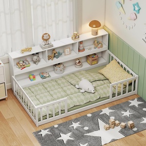 image:imageGiantex Twin Floor Bed with Fence for Kids Wooden Montessori Bed Frame with Lockable Door amp Guardrails Low Floor Beds for Kids Boys Girls No Box Spring Needed Without Wood Slats Mint SkyWhite