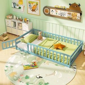image:imageGiantex Twin Floor Bed with Fence for Kids Wooden Montessori Bed Frame with Lockable Door amp Guardrails Low Floor Beds for Kids Boys Girls No Box Spring Needed Without Wood Slats Mint SkyIcy Aqua