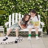 image:imageGiantex Kids Adirondack Chair 2Seat  Childrens Outdoor Chair with High Backrest Arm Rest 300 Lbs Capacity Wood Double Loveseat Porch Chair for Yard Poolside 1 Khaki GreyWhite