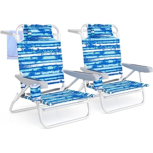 image:imageGiantex 2Pack Folding Camping Chair with 5 Adjustable Positions Head Pillow Towel Bar Armrests amp Cup Holder Portable Outdoor Backpack Chair for Lay Flat Sunbathing Picnic Beach Blue