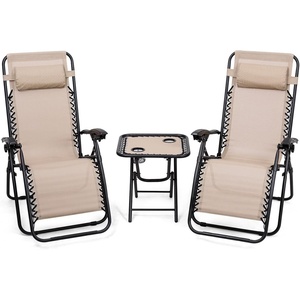 image:imageGiantex 3 PCS Zero Gravity Chair Patio Chaise Lounge Chairs Outdoor Yard Pool Recliner Folding Lounge Table Chair Set Backyard Lounge Chairs BeigeBeige
