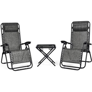 image:imageGiantex 3 PCS Zero Gravity Chair Patio Chaise Lounge Chairs Outdoor Yard Pool Recliner Folding Lounge Table Chair Set Backyard Lounge Chairs BeigeGrey
