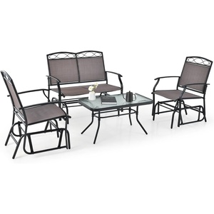 image:imageGiantex 4 PCS Outdoor Glider Chairs Set  Patio Furniture Set with Tempered Glass Table HeavyDuty Metal Frame Gliding Rocking Chair Conversation Set for Front Porch Yard Poolside 4 PCS Brown