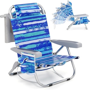 image:imageGiantex Backpack Beach Chair Foldable Camping Chair with 5 Adjustable Position Cup Holder Storage Pockets Straps Towel Rack Pillow Lay Flat Lawn Chair for Patio Outdoor Blue StripeBlue Stripe