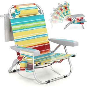 image:imageGiantex Backpack Beach Chair Foldable Camping Chair with 5 Adjustable Position Cup Holder Storage Pockets Straps Towel Rack Pillow Lay Flat Lawn Chair for Patio Outdoor Blue StripeColor Stripe