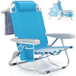 image:imageGiantex Backpack Beach Chair Foldable Camping Chair with 5 Adjustable Position Cup Holder Storage Pockets Straps Towel Rack Pillow Lay Flat Lawn Chair for Patio Outdoor Blue StripeSky Blue