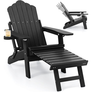 image:imageGiantex Folding Adirondack Chair AllWeather Lounge Chair with Adjustable Backrest Retractable Ottoman Cup Holder HIPS Fire Pit Chair for Lawn Pool Patio Porch 1 NavyBlack