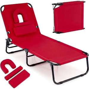 image:imageGiantex Folding Beach Tanning Chair Adjustable Face Down Patio Lounge Chair w 4Position Backrest Face Hole amp Removable Pillow Portable Sunbathing Chair for Poolside Yard Lawn 1Blue StripeRed