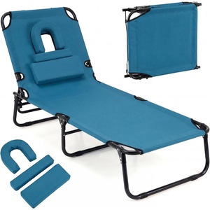 image:imageGiantex Folding Beach Tanning Chair Adjustable Face Down Patio Lounge Chair w 4Position Backrest Face Hole amp Removable Pillow Portable Sunbathing Chair for Poolside Yard Lawn 1Blue StripeSteel Blue