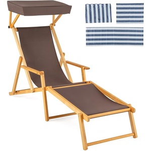 image:imageGiantex Lounge Chair Outdoor Foldable Beach Chaise Lounge with Adjustable Canopy Replacement Fabric Wood Frame Reclining Backrest amp Footrest Camping Chair for Patio Poolside Beach 1 BrownBrown