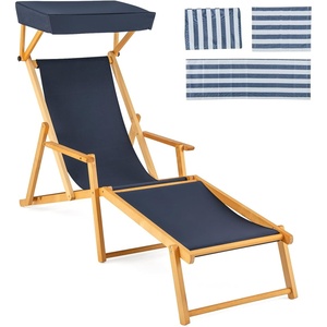 image:imageGiantex Lounge Chair Outdoor Foldable Beach Chaise Lounge with Adjustable Canopy Replacement Fabric Wood Frame Reclining Backrest amp Footrest Camping Chair for Patio Poolside Beach 1 BrownNavy