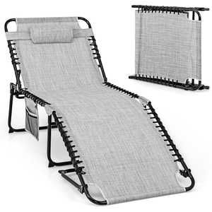 image:imageGiantex Lounge Chair Outdoor Folding Tanning Chair with 4 Adjustable Positions Removable Headrest Footrest Side Pocket Load 440 Lbs Portable Recliner for Lawn Yard Beach Sunbathing 1 GreyGrey