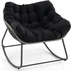 image:imageGiantex Outdoor Rocking Chair with Padded Cushion Oversized Papasan Chair PE Rattan Egg Rocker for Reading Front Porch Garden Patio Backyard 1BlackBlack