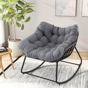 image:imageGiantex Outdoor Rocking Chair with Padded Cushion Oversized Papasan Chair PE Rattan Egg Rocker for Reading Front Porch Garden Patio Backyard 1BlackGrey
