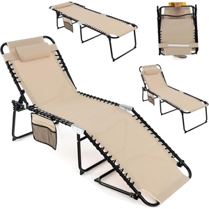 image:imageGiantex Patio Lounge Chairs for Outside  Folding Tanning Chair wHeadrest 4 Adjustable Positions Side Pocket Outdoor Chaise Lounge for Camping Pool Sunbathing Beach Chair PinkBeige