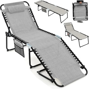 image:imageGiantex Patio Lounge Chairs for Outside  Folding Tanning Chair wHeadrest 4 Adjustable Positions Side Pocket Outdoor Chaise Lounge for Camping Pool Sunbathing Beach Chair PinkGrey