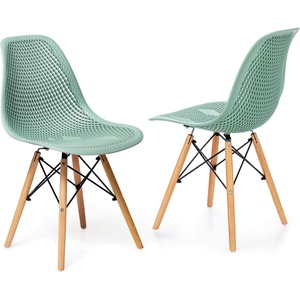 image:imageGiantex Set of 4 Modern Dining Chairs Outdoor Indoor Shell PP Lounge Side Chairs with Mesh Design Beech Wood Legs Tulip Leisure Chairs DSW Dining Chairs for Kitchen Dining Room WhiteGreen