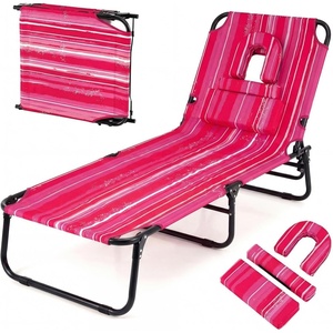 image:imageGiantex Tanning Chair 350lbs Adjustable Patio Lounge Chair wFace Hole Removable Pillows Carry Strap Folding Outdoor Chaise Lounge for Layout Beach Poolside Lawn 1 Stripe PinkStripe Pink