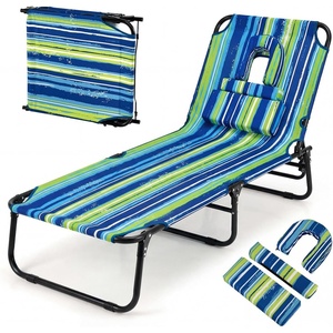 image:imageGiantex Tanning Chair 350lbs Adjustable Patio Lounge Chair wFace Hole Removable Pillows Carry Strap Folding Outdoor Chaise Lounge for Layout Beach Poolside Lawn 1 Stripe PinkStripe