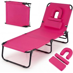 image:imageGiantex Tanning Chair 350lbs Adjustable Patio Lounge Chair wFace Hole Removable Pillows Carry Strap Folding Outdoor Chaise Lounge for Layout Beach Poolside Lawn 1 Stripe PinkPink