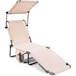 image:imageGiantex Tanning Chair Patio Chaise Lounge Chair with 5 Adjustable Position Shade Canopy Storage Pocket Camping Cot Outdoor Sunbathing Recliner for Poolside Lawn Folding Beach Chairs2 BlackBeige
