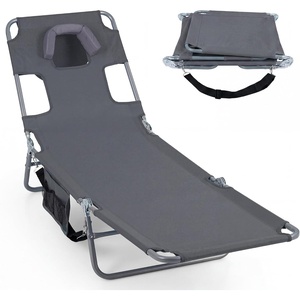 image:imageGiantex Tanning Chair with Face Hole Folding Beach Lounge Chair w 5Position Adjustable Backrest Storage Pocket Removable Cushion Outdoor Sunbathing Chair for Pool Camping 1GreenGrey