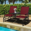 image:imageGiantex Patio Bench Glider Chair with Metal Frame Center Tempered Glass Table Outside Double Rocking Swing Loveseat for Porch Garden Poolside Balcony Lawn Rocker Outdoor Glider BenchGrayBurgundy