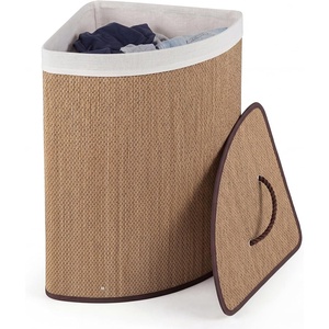 image:imageGiantex Corner Laundry Hamper with Lid 15 Gal Bamboo Laundry Basket with Removable Liner amp Portable Handle Triangle Clothes Hamper for Small Spaces Bedroom Bathroom Laundry Living RoomKhaki
